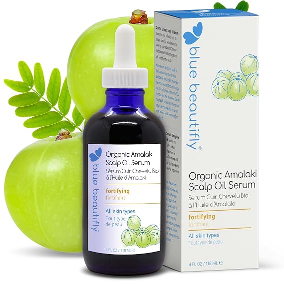 Blue Beautifly USDA Certified Organic Amla Oil for Scalp Serum, 4 fl oz | Strengthens Hair Follicles, Restores Growth & Treats Dandruff. Enriched with Rosemary Oil and Ayurvedic Herbs.