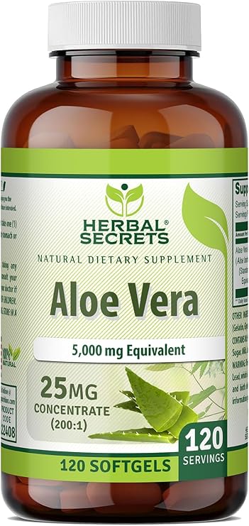 Herbal Secrets Aloe Vera 25 Mg | Standardized 200:1 Concentrate | 120 Softgels | 5000 Mg Equivalent | Non-GMO | Gluten-Free | Made in the USA