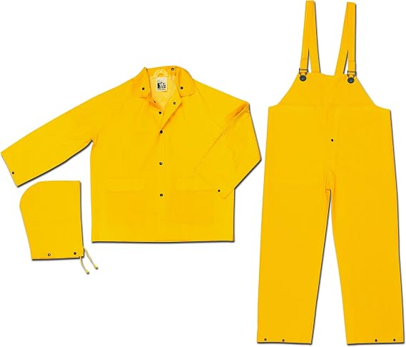 MCR Safety 2303M Classic Industry Standard PVC/Polyester 3-Piece Suit with Detachable Hood and Bibpant, Yellow, Medium