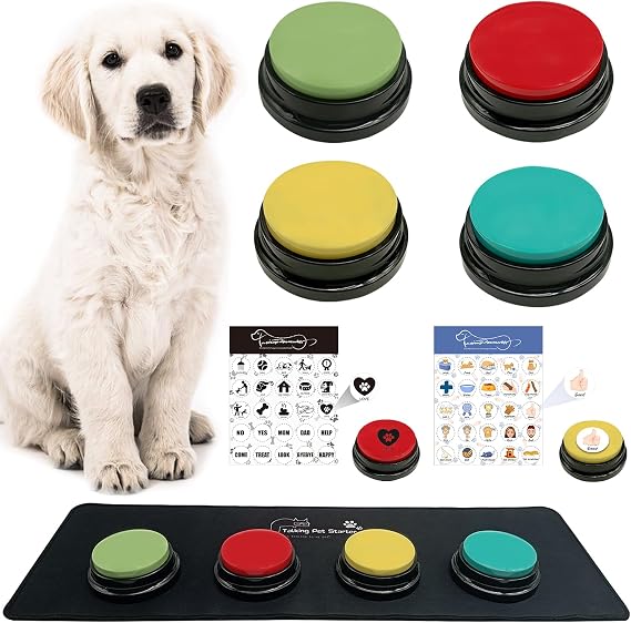 Pack of 4 Buzzers with Recording Function Dog Intelligence Toy Dog Button Pet Talking Training Answer Buzzer 30 Seconds Recording 1 Waterproof and Non-Slip Mat 50 Stickers