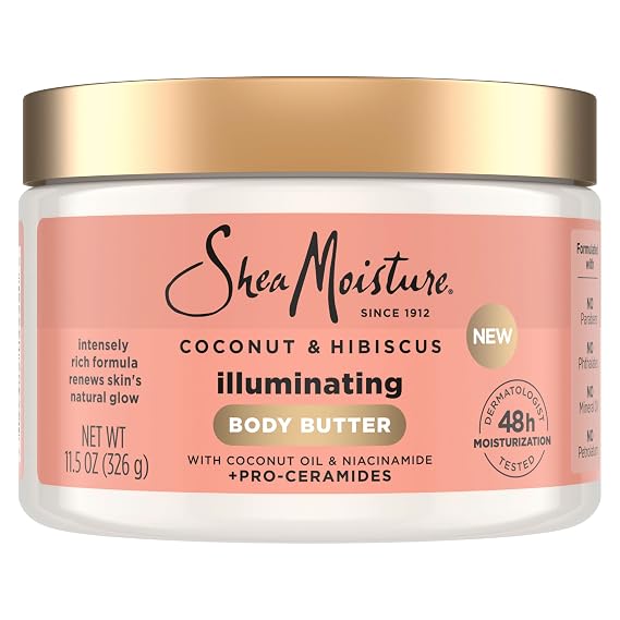 Shea Moisture Coconut & Hibiscus Illuminating Body Butter 11.5oz | For dry, dull skin - delivers 48-hour moisture and radiant glow with Coconut Oil and Niacinamide.