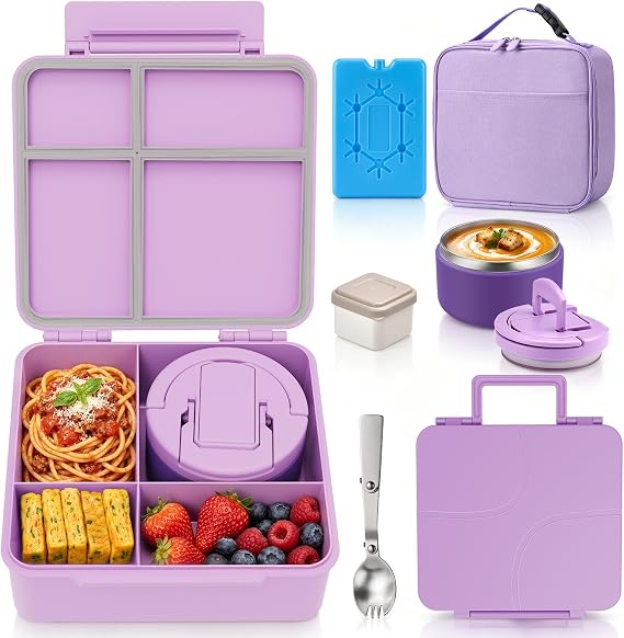 MAXSO Bento Lunch Box Set with 8 oz Soup Thermo, Kids Leakproof 4 Compartments Hot Food Container with Sauce Cup, Ice Pack and Lunch Bag, Child Insulated Food Jar for School - Purple
