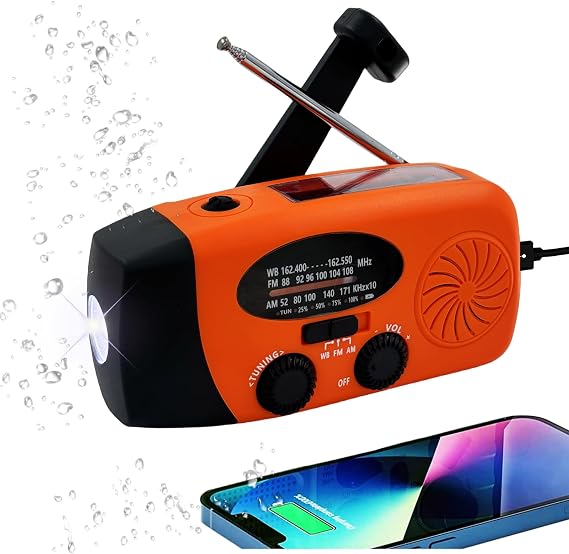 5000mAh Hand Crank Emergency Weather Radio, am fm noaa Solar Radio with Led Flashlight and Earphone Jack, Charger for Smartphone, USB-C Cable/Self Powered with SOS Alarm (Orange)