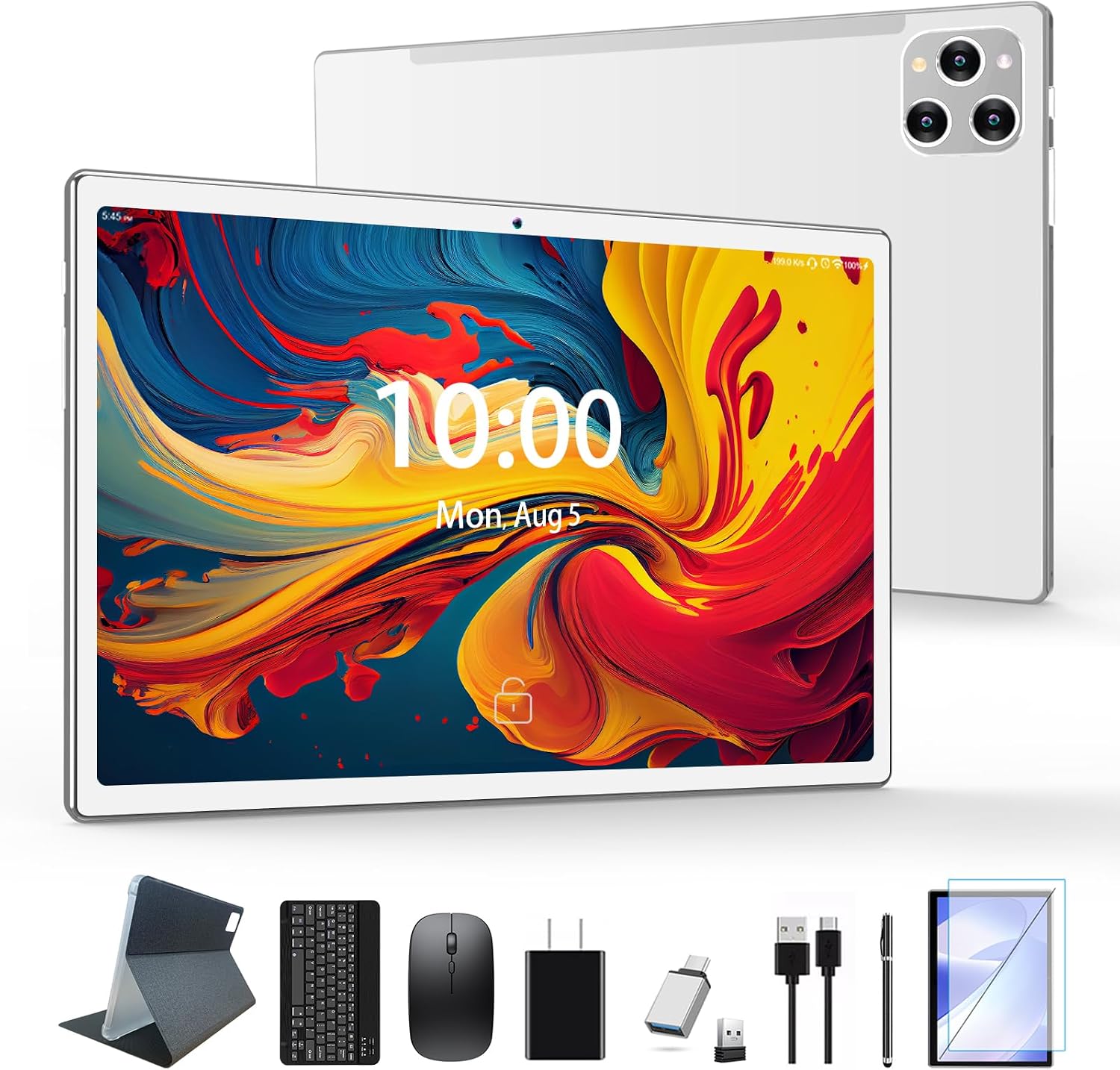 KADYBE 10 Zoll 2-in-1 Android Tablet 16GB RAM+128GB ROM(1TB TF erweiterbar) MTK8183 Octa-Core 2.0GHz 13MP Kamera 7000mAh Akku 1080FHD IPS 5G WiFi mit Tastatur Stift Maus - Silber