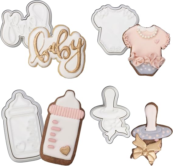 Baby Shower Cookie Cutter 4 Pack 3D Stampers Molds DIY Fondant Decorating for Kids' Birthday Party Kitchen Tools, Baby Letter, Baby Bottle, Onesie, Pacifier