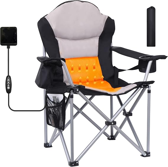 Heated Camping Chair with Battery, Heating Outdoor Folding Portable Chairs, with Carry Bag, Cooler Bag, Cup Holder, Side Pocket, Heavy Duty, for Camping, Hiking, Travel, Beach (Set of 1)