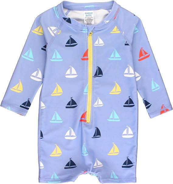 RUGGEDBUTTS Baby Boy Rash Guard Striped - One Piece Sunsuit UPF 50+ | 80% Nylon 20% Spandex, Front Zipper Closure, Short Sleeves, Fade Resistant Fabric, Hand Wash Cold