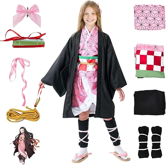 yumcute Nezuko Tanjiro Cosplay Costume with Accessories, Anime Cosplay Costume Kimono Outfit, Carnival Halloween Party Costume