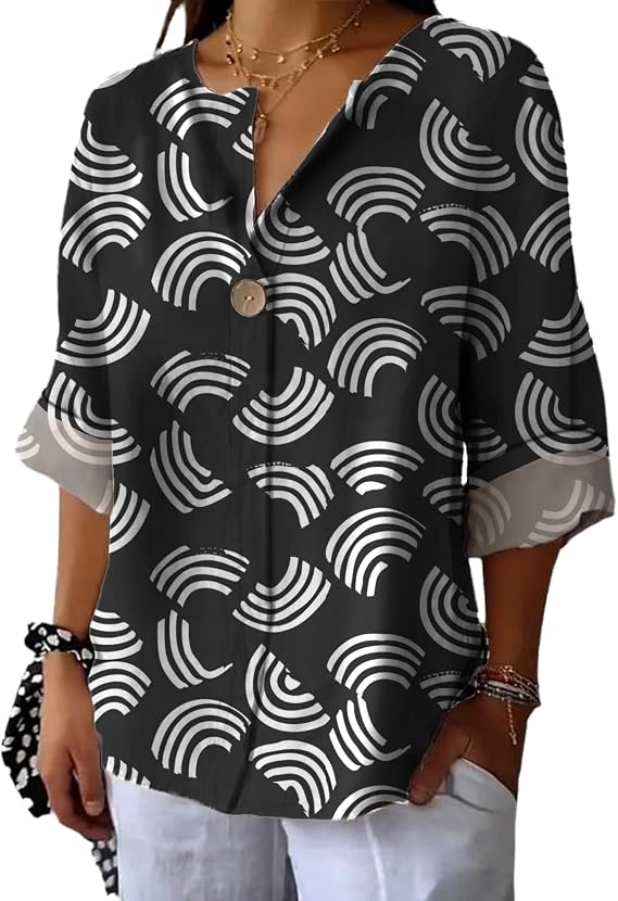Summer Trendy Tops for Women Dressy Casual Blouses V Neck 3/4 Sleeve Graphic Tees Oversized Lightweigh Clothes