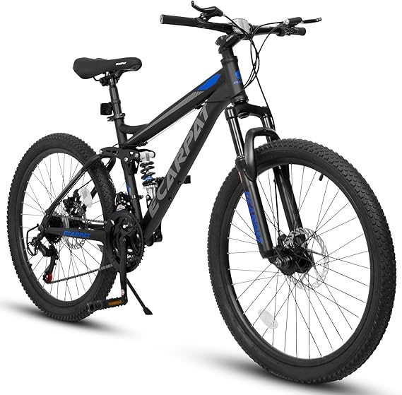 26 Inch Mountain Bike,Carbon Steel Frame, 21-Speed Full Suspension Trail Commuter City Bike with Disc Brake,Front Fork Rear Shock Absorber,Nomal Wheels Bicycles for Men and Women