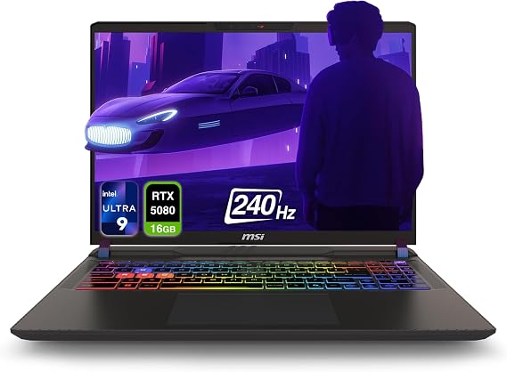 MSI Vector 16 HX AI Gaming Laptop, Intel Ultra 9-275HX, 64 GB DDR5 RAM, 2 TB PCIe SSD, 16" WQXGA (2560x1600) 240Hz Display, Nvidia G-Force RTX 5080, 24 Zone RGB Keyboard, W11 Home, Cosmo Gray