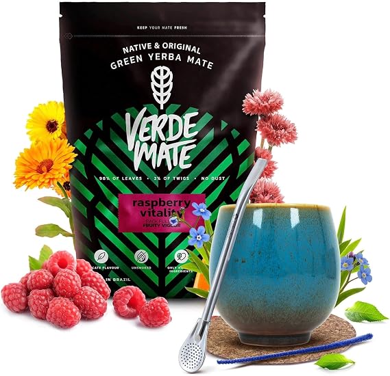 Yerba mate set Verde Mate Green Raspberry Vitality with accessories | Raspberry and guarana | Calabash, bombilla and accessories | Brazilian yerba mate | Natural caffeine | 500g | 0.5kg