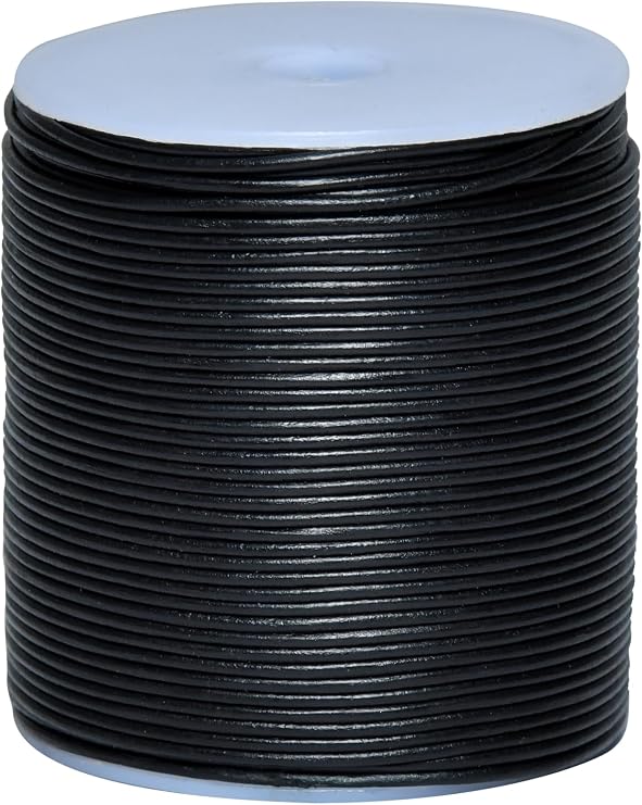 Round Genuine Leather String Cord, Rope for Jewelry Making, Necklaces, Bracelets, Kumihimo Braiding, Wraps, Crafts and Hobby Projects (Black, 1.5 MM)