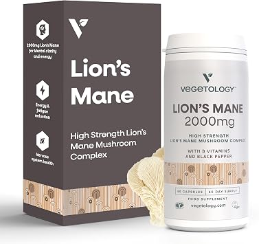 VEGETOLOGY Lions Mane Supplement, 2000mg High Strength Mushroom Complex with B Vitamins and Black Pepper, Supports Mental Clarity, Energy & Nervous System, 60 Vegan Capsules, Age 11+