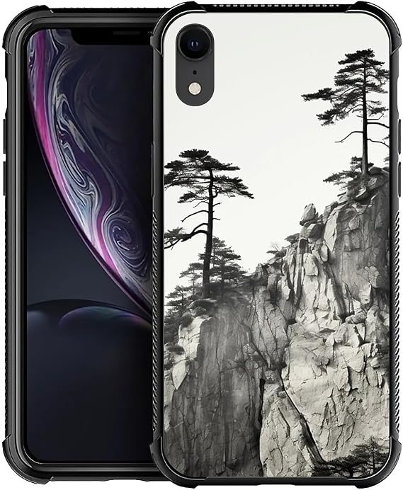 for iPhone XR Case, Cliff Stone Pine Tree Ink Drawing Pattern Graphic Design Girl Boy Soft Silicone Hard Acrylic Shock Protection for iPhone XR