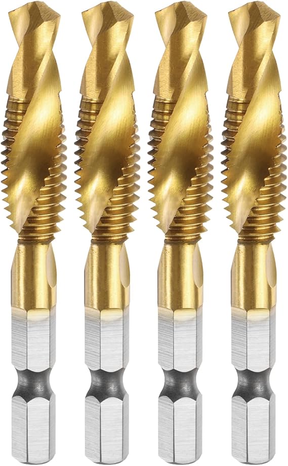 sourcing map 4pcs Combination Drill and Tap Bit, Metric M10 x 1.5 Thread 1/4" Hex Shank, Titanium Coated Threading Screw Taps Spiral Flute Tapping Tool, High Speed Steel (HSS) 4341