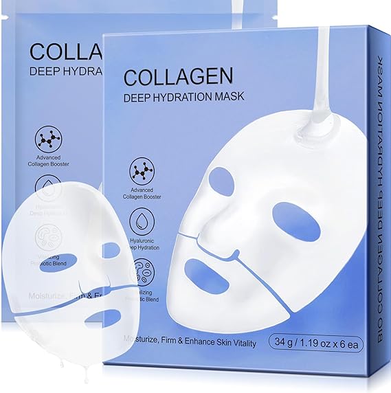 Bio Collagen Face Mask, Intense Hydration, Soothing & Hydrating Overnight Hydrogel Mask, Reduce Fine Lines & Wrinkles, Pore Minimizing, Elasticity Improvement, Anti Aging and Rejuvinating Sheets 6pcs