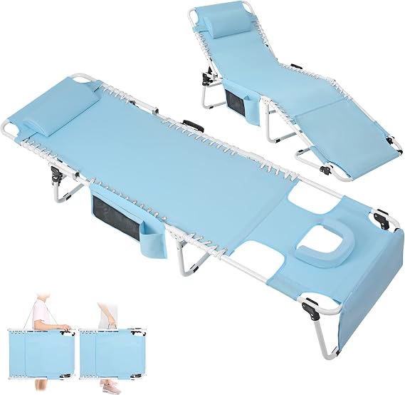 Oversized Heavy Duty Tanning Chair with Face Hole Adjustable 5-Position Folding Chaise Lounge Chairs for Outside Portable Layout Beach Lounge Chair for Outdoor Sunbathing Patio Pool Lawn Deck Poolside