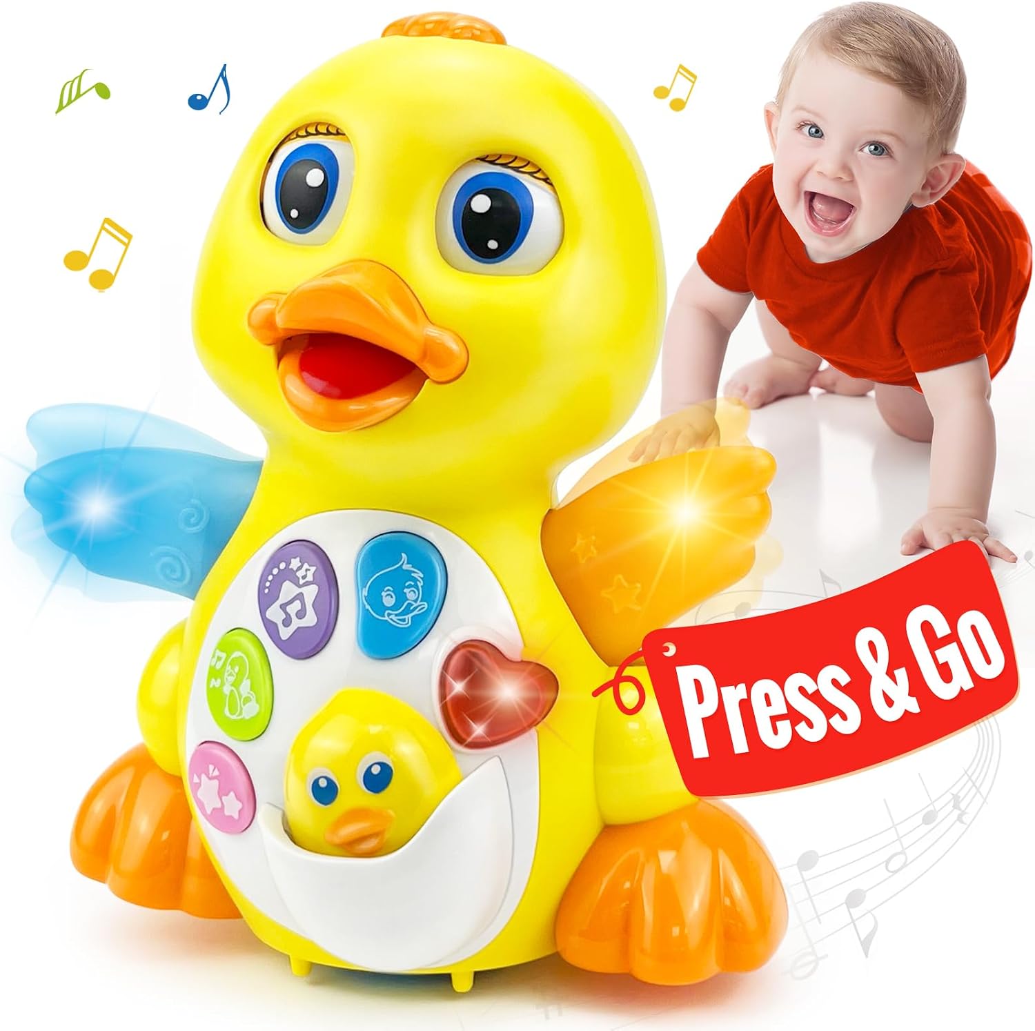 BABYFUNY Baby Toys 6-12 Months, Duck Toy for 1 Year Old Girl Gifts, Crawling Tummy Time Toys with Music, Light Up Moving, Learning Educational Toy Easter Basket Stuffers for Toddler
