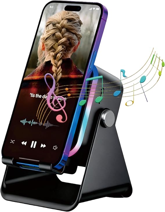 Induction Speaker, Innovative Tech Wireless Speaker Stand for Cell Phone | Stand Holder with Bluetooth Audio Speaker Amplifier Dock Induction for iPhone/Samsung/iPad (Black, Square)