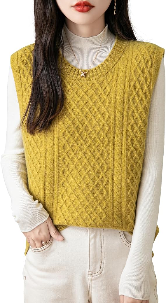 Chanyarn Women's 100% Merino Wool Sweater Vest 2025 Fall Winter Vintage Cable Crew Neck Sleeveless Knit Sweater Vest