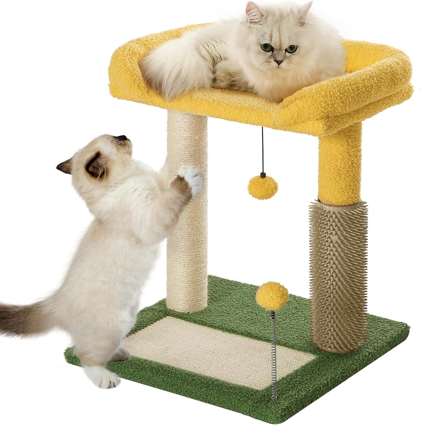 Made4Pets Small Cat Tree Tower, Cat Scratching Post 4-in-1 with Cat Self Groomer Brush, 20 Tall Natural Sisal Cat Scratcher, Soft Plush Cat Perch Bed with Dangling Ball for Indoor Kittens, Green