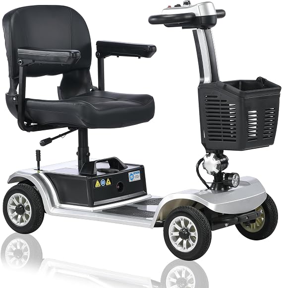 Compact Electric Mobility Scooter for Seniors, 4-Wheel with Removable Battery, Front Basket, LED Light, Horn, 15 Mile Range, 3.7 MPH Max Speed, Black and Silver
