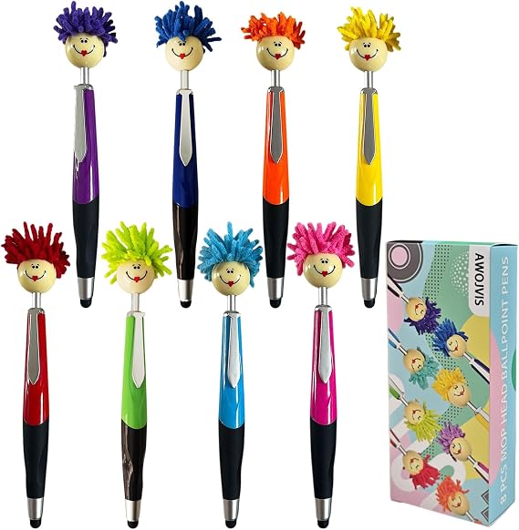 AWOJVIS Pens,ballpoint pen,8pcs Mop Head Ballpoint Pens, Funny Mophea Topper Pen with Plush Hair Writing Click Pen Portable Cute Cartoon Multi-function Signing Pens Decor Gift for Office Home Adultes