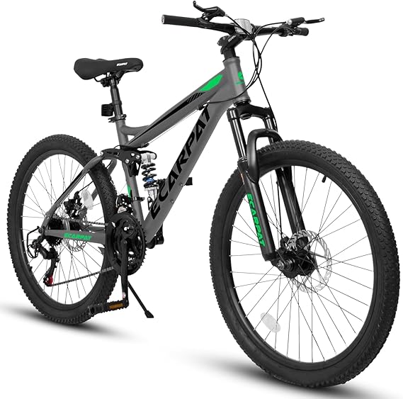 26 inch Mountain Bike Full Suspension, 21-Speed Steel Frame Adult Bike, Mechanical Disc Brakes Mens Mountain Bike, Outdoor Cycling, Commuting to School or Work City Bikes