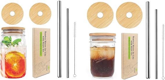 Mason Jar Lids With Straw Hole & Silicone Ring - 2 Pack Wide Mouth and 2 Pack Regular Mouth Bamboo Lids with 4 Reusable Stainless Steel Straws & Cleaning Brush for Mason Jars