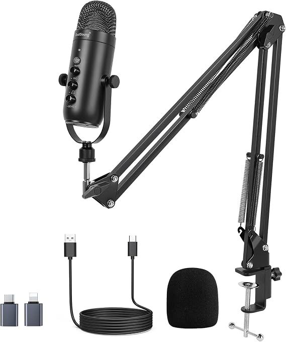 ZealSound Podcast Microphone with Boom Arm, USB Mic with Noise Reduction, Mute, Echo & Volume Control, Zero-Latency Monitoring, Compatible with PC Mac iPhone & Android, for Podcasting Gaming YouTube