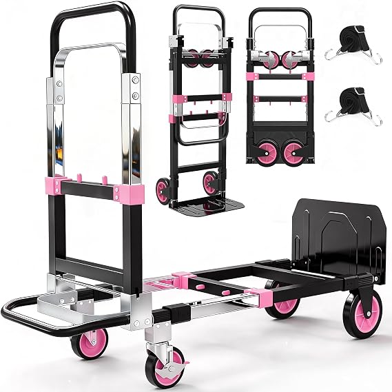 3-in-1 Folding Hand Trucks, 500lbs Convertible Dolly, Dolly Cart with Wheels Heavy Duty, Moving Cart with Retractable Handle, Collapsible Trolley for Moving Office/Home/Warehouse/Boxes/Cartons (Pink)