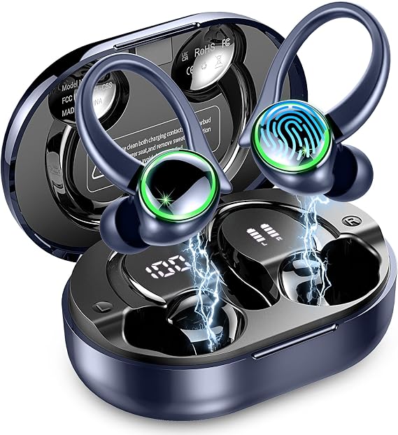 Matast Wireless Earbuds, Bluetooth 5.4 Headphones Sports, 50H Playback Over-Ear Buds with ENC Noise Cancelling Mic, Deep Bass Fitness Earphones with Earhooks, IP7 Waterproof Headset for Running, Blue