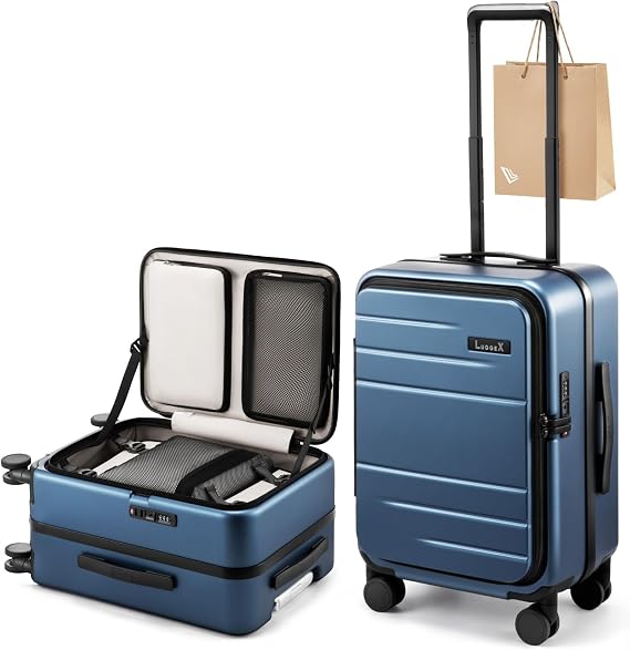 LUGGEX Top Opening Trunk Carry On Suitcase, Aluminum Frame, Blue, 20"
