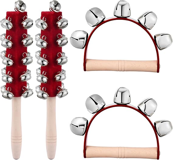 4 Pcs Christmas Handle Sleigh Bells, Wooden Hand Bells with Handles for Holiday Music, Party Decor, Birthday Gifts, Festive Bells for Christmas Celebration (Red)