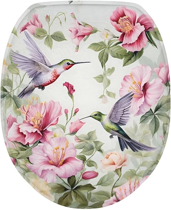 Green Hummingbird Toilet Bowl Cover Seat Pink Flower Toilet Seat Cover Toilet Seat Covers for Bathroom Toilet Seat Cover Elongated Adjusts to Shape of Toilet Lid Toilet Cover