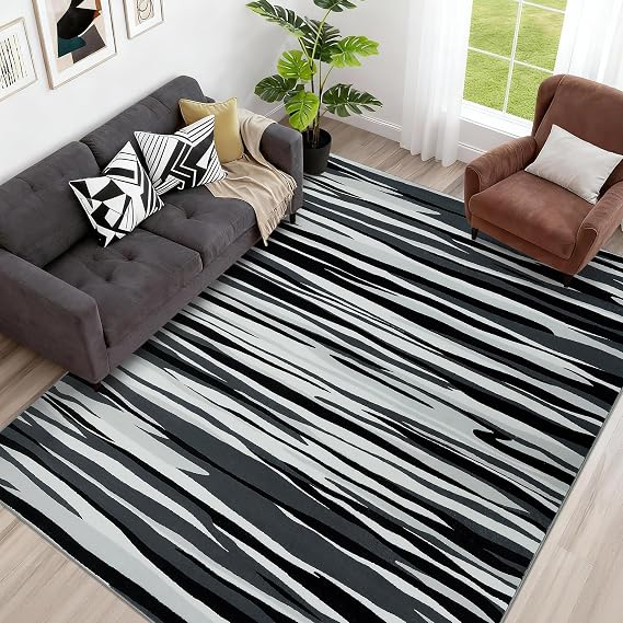 YIHOUSE 57 Ft Area Rugs for Living Room: Modern Abstract Black Grey and White Rug - Nonslip Washable Striped Rug for Bedroom Dining Room Office Playroom Nursery Home Decor