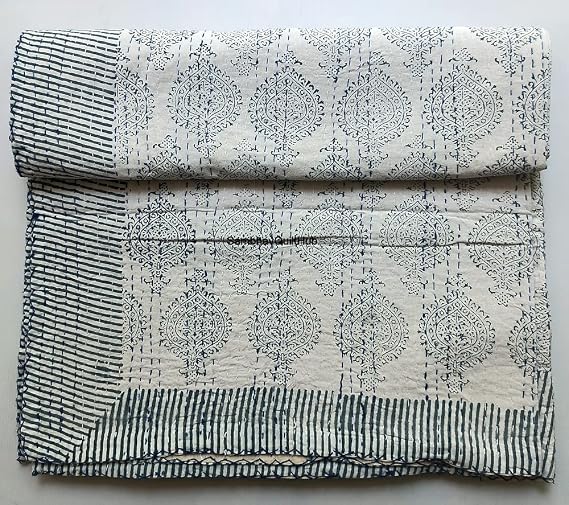 Blue Cotton Handmade Handblock Quilted Blanket Indian Cotton Spread Kantha Handblock Print Beork Bohemian Bed Decor Block Throw Blanket Twin/King/Queen (Queen 90X108 inches (8))