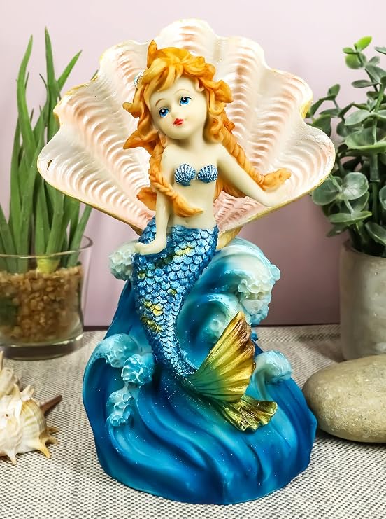 Ebros 7.25" Tall Colorful Nautical Ocean Mermaid Mergirl with Giant Shell and Blue Tail Rising Above The Waves Statue Fantasy Mermaids Mergirls Sirens of The Seas Figurines