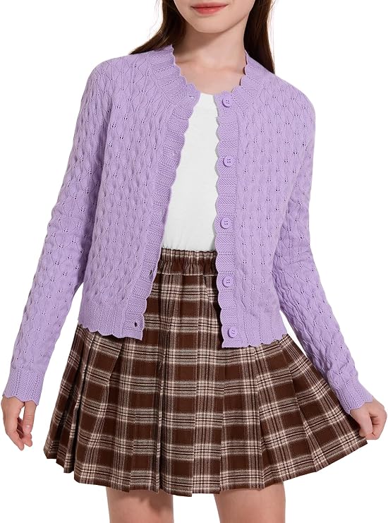 YKR Girls Cardigan Sweaters Long Sleeve Cable Knitted Cropped Sweater Button Closure Tops 5-12Y