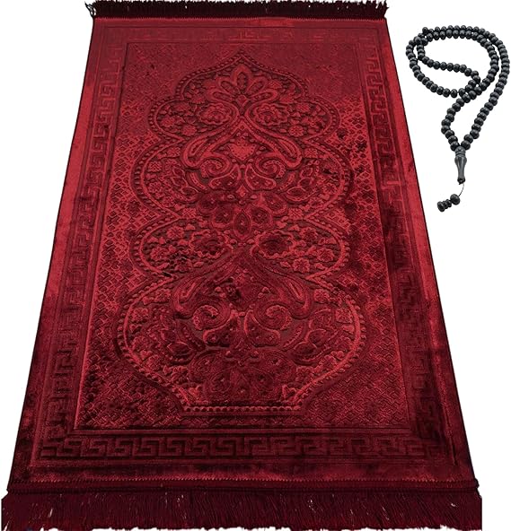 Modefa Luxury Velvet Prayer Rug with Prayer Beads | Soft Elegant Muslim Turkish Janamaz Sajada Carpet for Men and Women | Plain Solid Prayer Mat Ramadan Eid Gift - Paisley (Red)
