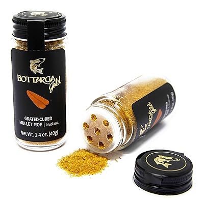 Bottarga Gold - Grated Wild Caught Dried Mullet Roe Glass Shaker 1.4 Oz 40 gm