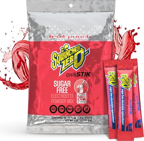 Sqwincher Qwik Stik, Sugar Free, Fruit Punch Flavor, .11oz Packet, 50 Pack | Zero sugar electrolyte mix; fast-dissolving single-serve sticks; just add to 20oz water bottle for quick on-the-go hydration