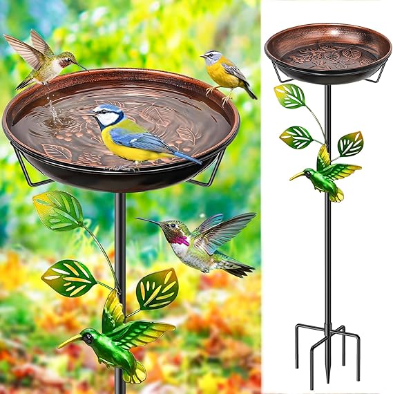 Metal Bird Bath for Outside, Vintage Birdbaths Removable Feeder Bowl with Butterfly Flower, Easy to Clean Birdfeeder for Outdoors Garden Yard Lawn Decor (Brown)