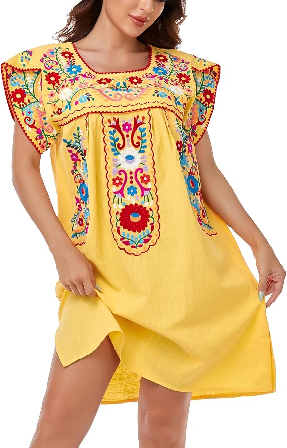 YZXDORWJ Women Summer Mexican Embroidered Boho Peasant Dress Petal Sleeve