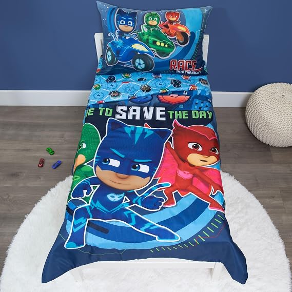 PJ Masks Time to Save The Day 4 Piece Toddler Bedding Set Includes Comforter, Sheet Set Fitted and Top + Reversible Pillow for Boys Bed, Blue