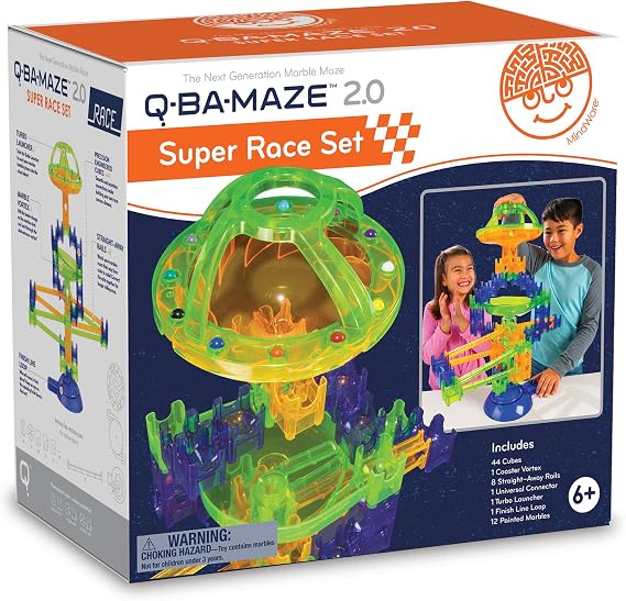 MindWare Q-BA-Maze 2.0 Super Race Set Marble Run, 68 Pieces | Build 44-challenge marble runs and watch them roll. Includes 44 cubes and 1 coaster vortex. Ages 6+.