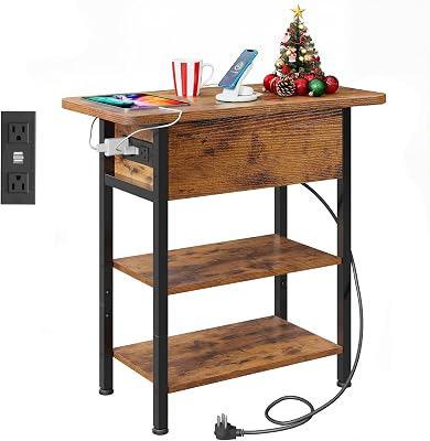 WLIVE End Table with Charging Station, Flip Top Narrow Side Table with Storage Shelf, Small Nightstand with USB Ports and Outlets,Bedside Table for Living Room, Bedroom,11.81 D x 23.62 W x 24.33 H