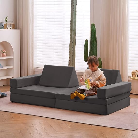 jela Kids Play Couch Extended Size 8PCS for Family, Floor Modular Foam Play Sofa for Kids Adults, Playhouse Play Set for Toddlers, Modular Foam Play Couch Indoor 66" x 33" x 22" Darkgrey