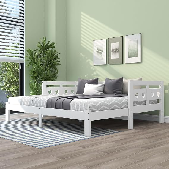 BTM Daybed Cabin Wooden 3FT Single Sofa Guest Bed With Pull-Out Trundle, Heart-Shaped for Children Adults, Living Room and Bedroom - 90x190 cm - White